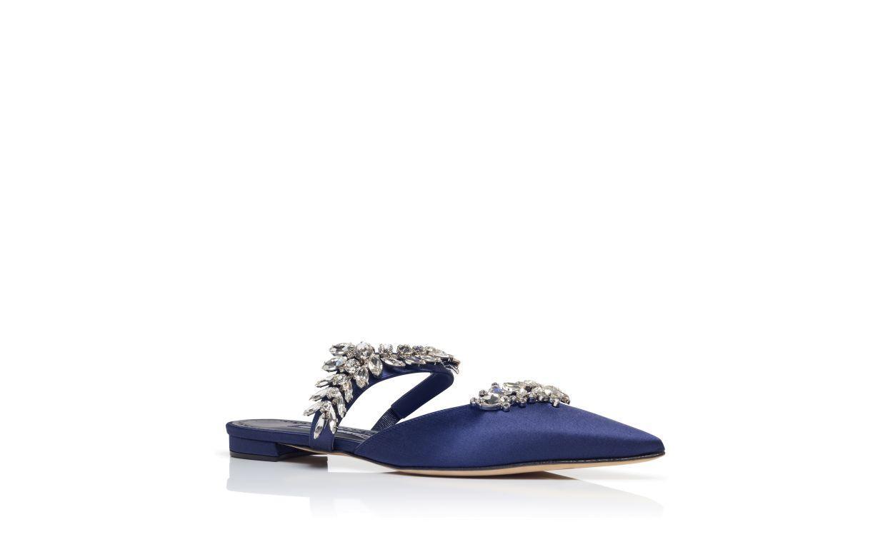 LURUMFLAT Navy Blue Satin Crystal Embellished Flat Mules Product Image