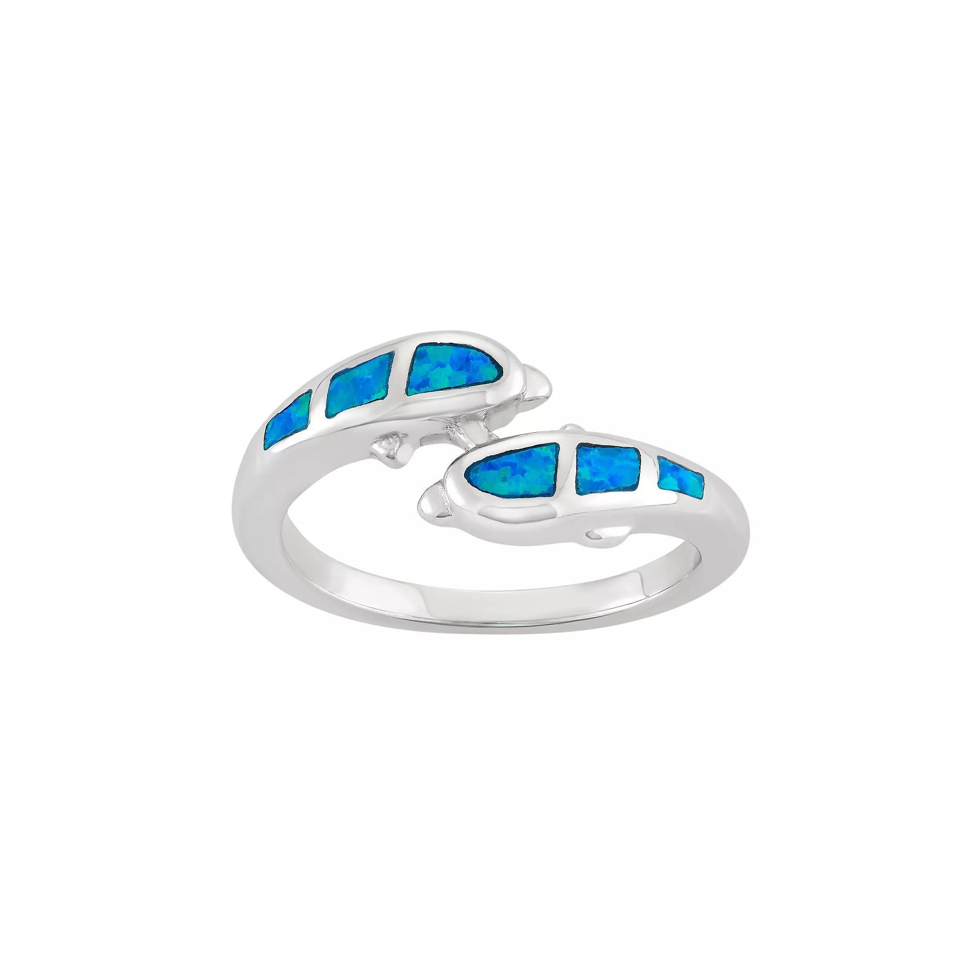Lab-Created Blue Opal Sterling Silver Dolphin Bypass Ring, Womens Product Image