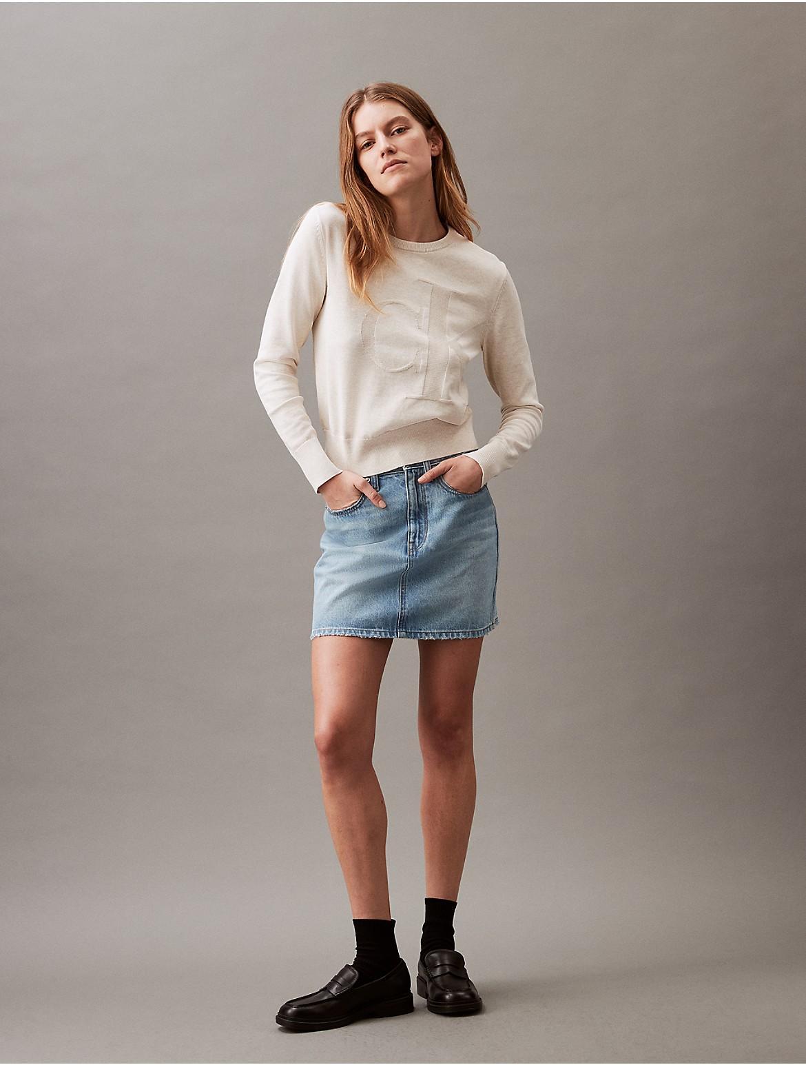 Calvin Klein Women's Smooth Cotton Relaxed Monogram Logo Sweater - White - XS Product Image