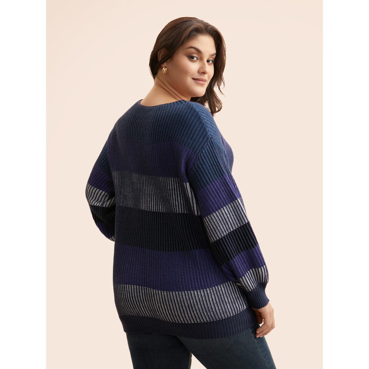 Plus Size Textured Striped Contrast Patchwork Pullover Indigo Women Casual Long Sleeve Round Neck Everyday Pullovers BloomChic 12/L Product Image