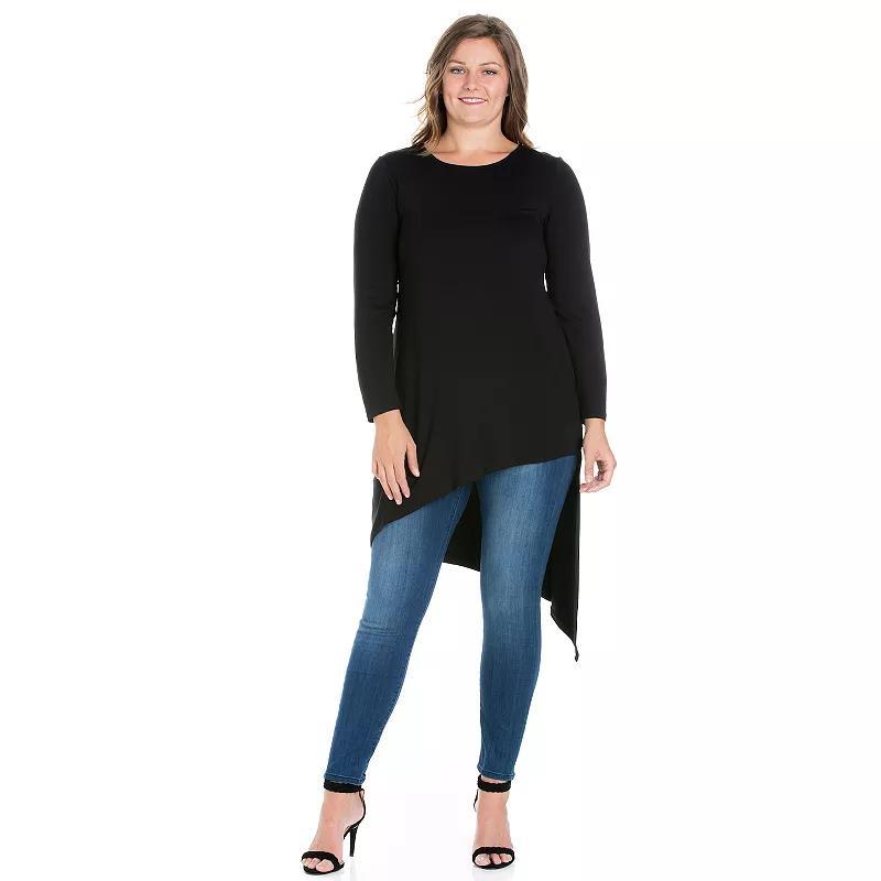 Plus Size 24Seven Comfort Apparel Long Sleeve Knee Length Asymmetrical Tunic Top, Womens Purple Product Image