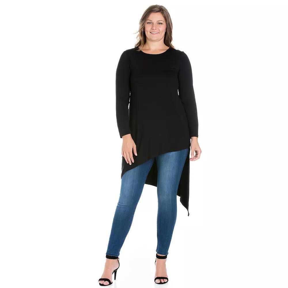 Plus Size 24Seven Comfort Apparel Long Sleeve Knee Length Asymmetrical Tunic Top, Womens Purple Product Image