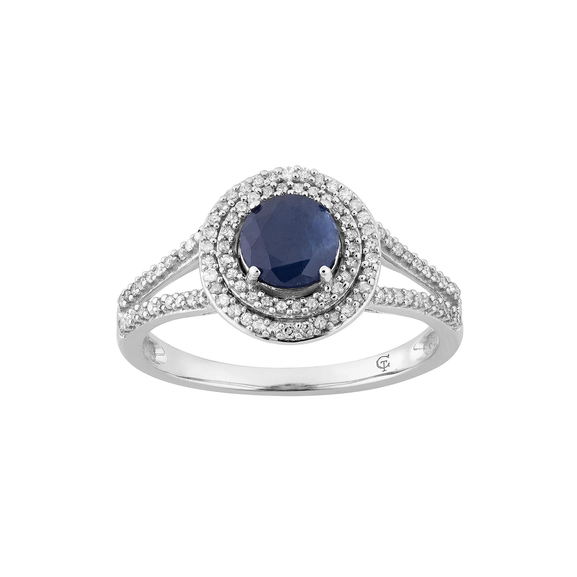 10k White Gold Sapphire & 1/3 Carat T.W. Diamond Halo Ring, Women's, Size: 7, 10k Whgold Product Image