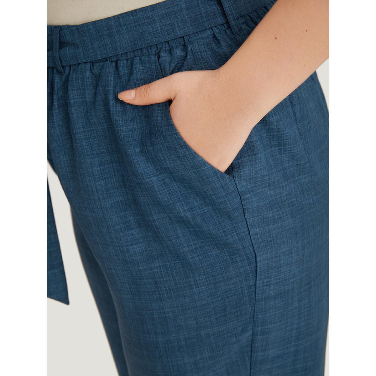 Plus Size Solid Elastic Waist Pocket Belted Pants Women Indigo Casual Straight Leg High Rise Dailywear Pants BloomChic 26/4X Product Image