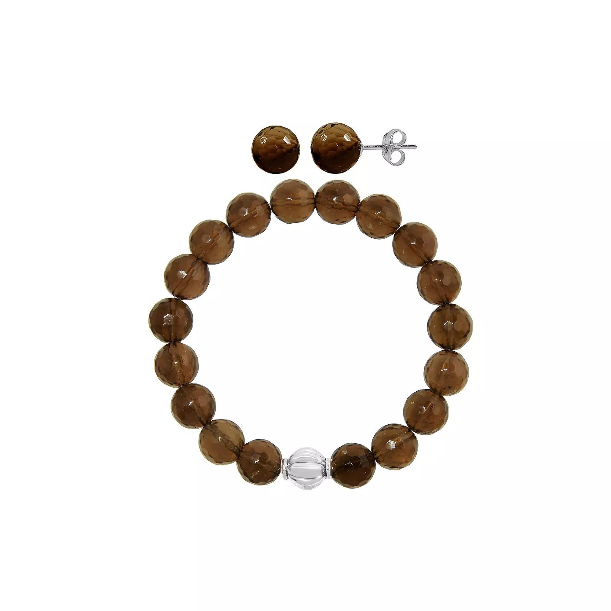 Faceted Agate 2-piece Stud Earrings & Bracelet Set, Women's, Size: 7.5", Brown Product Image