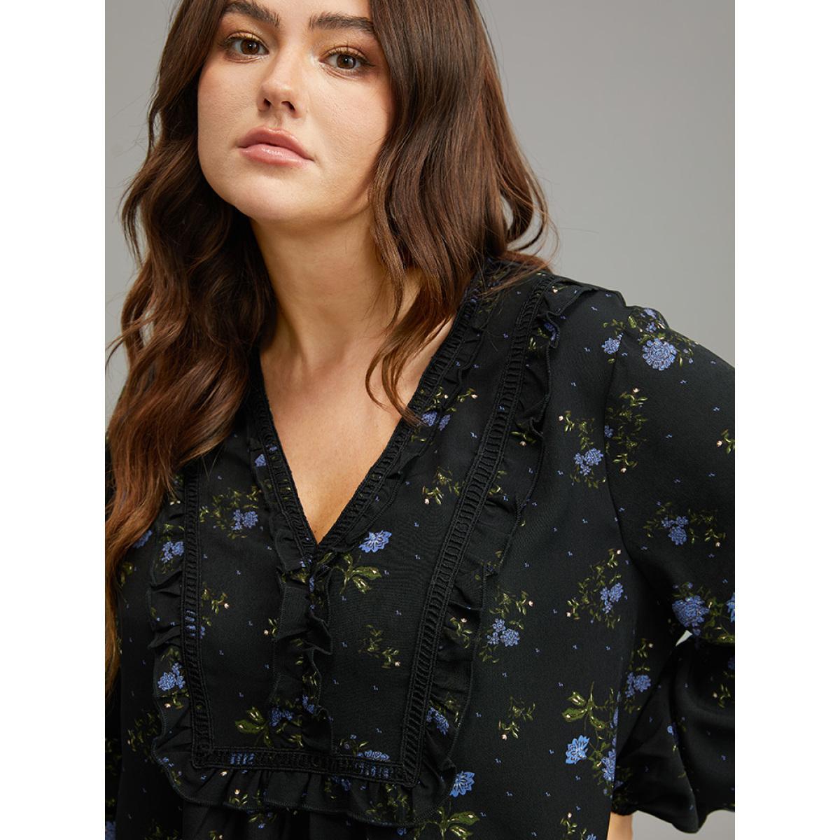 Plus Size Black Ditsy Floral Lantern Sleeve Frill Trim Blouse Women Elegant Long Sleeve V-neck Dailywear Blouses BloomChic 28/5X Product Image