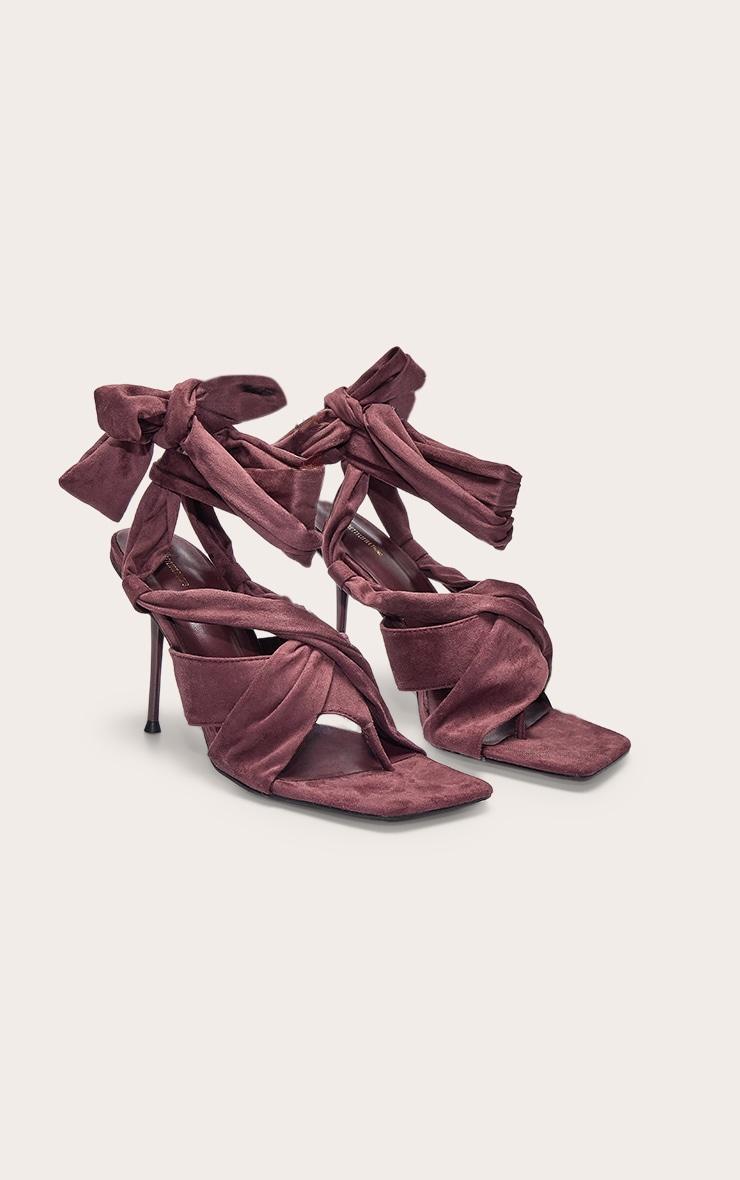Chocolate Faux Suede Square Toe Thong Lace Up High Stiletto Heeled Sandals Product Image