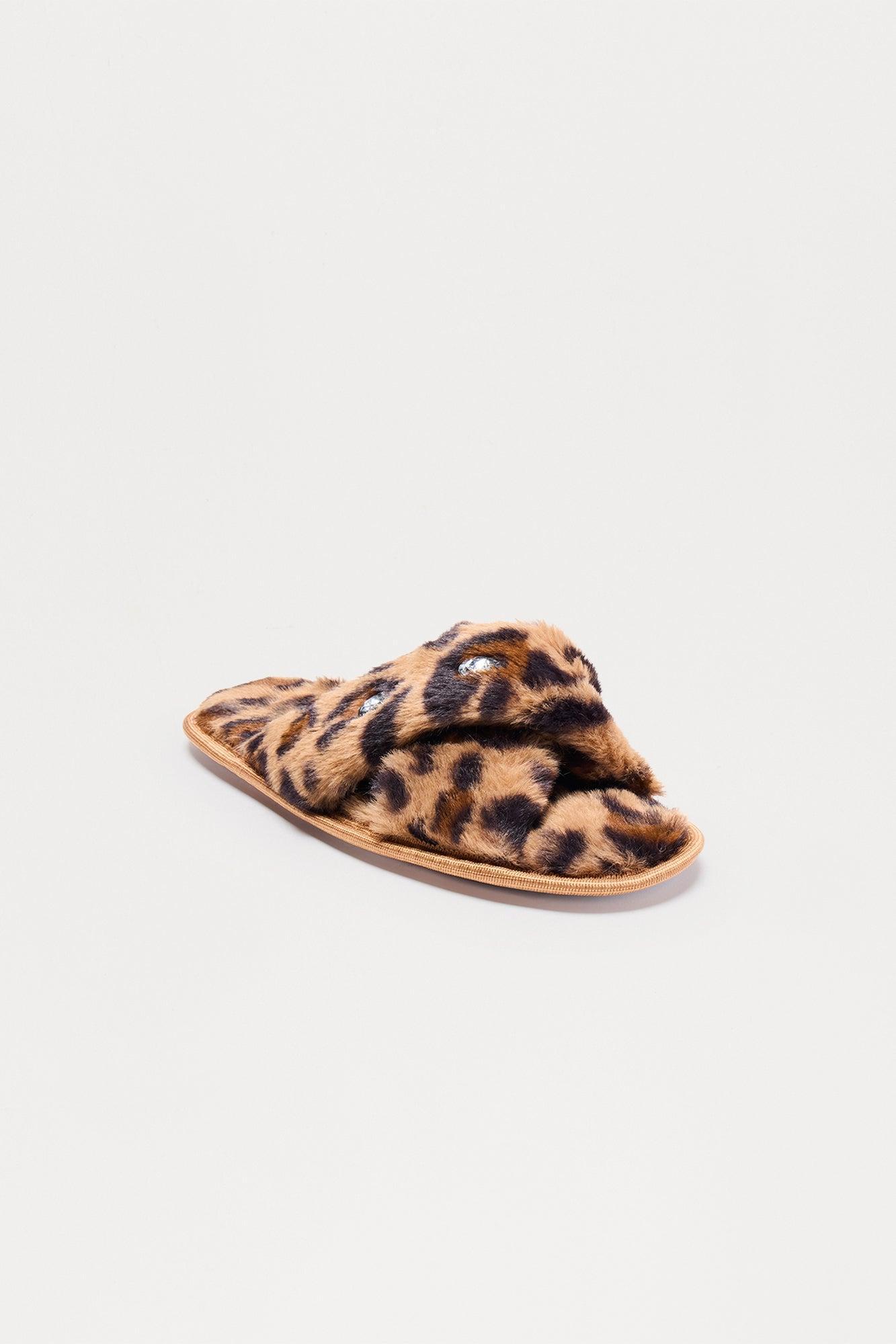 Piper Rhinestone Faux Fur Slippers - Leopard Product Image