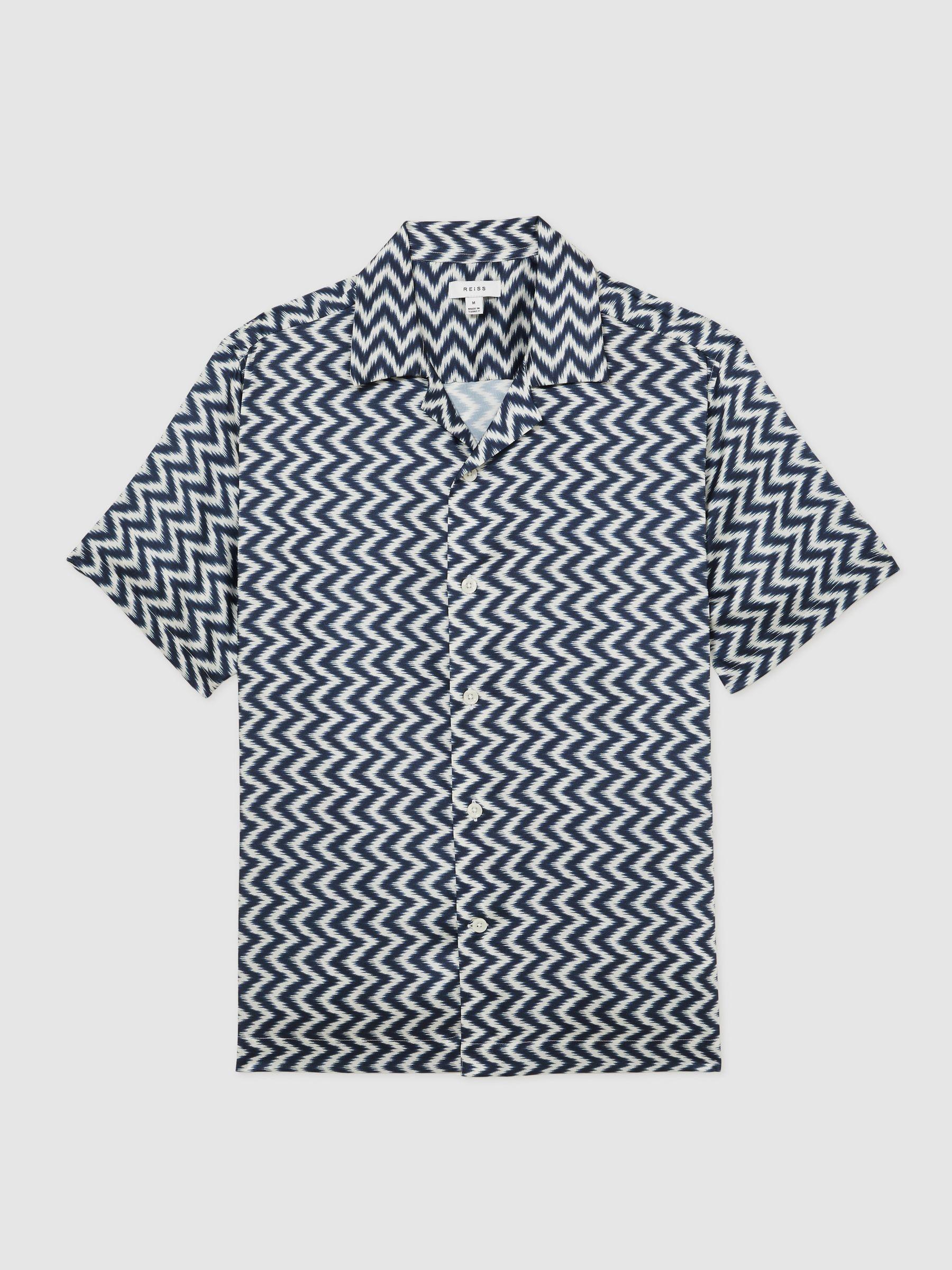 Zig-Zag Print Cuban-Collar Shirt in Navy Product Image