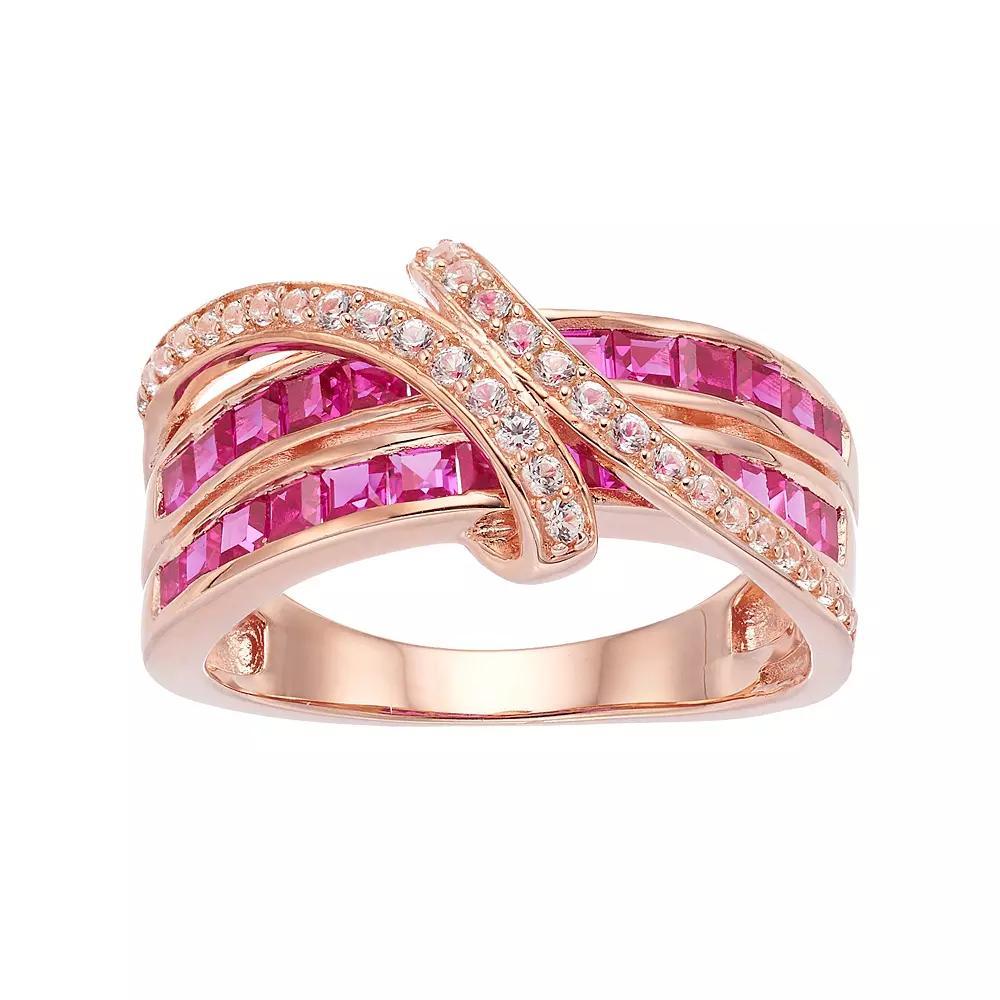 14k Rose Gold Over Silver Lab-Created Ruby & White Sapphire Bypass Ring, Women's, Size: 7, Pink Tone Product Image