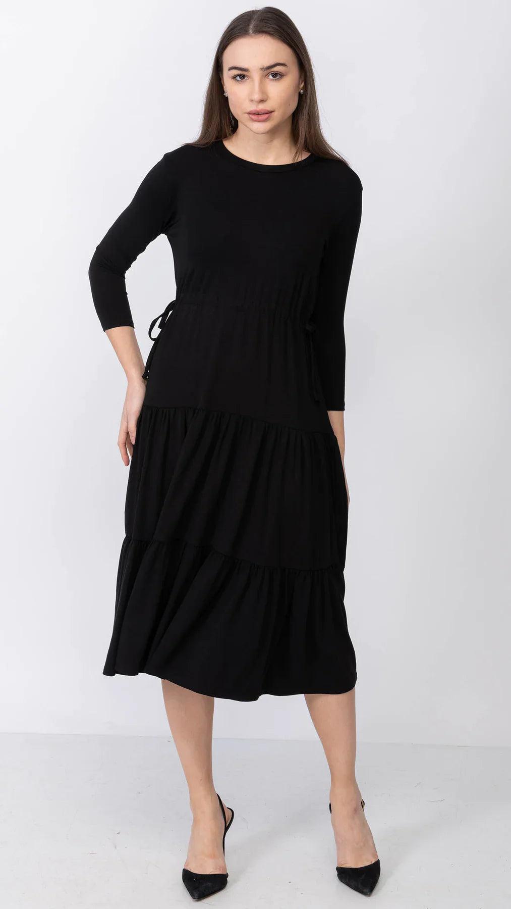 Tiered Drawstring Dress - Black Product Image