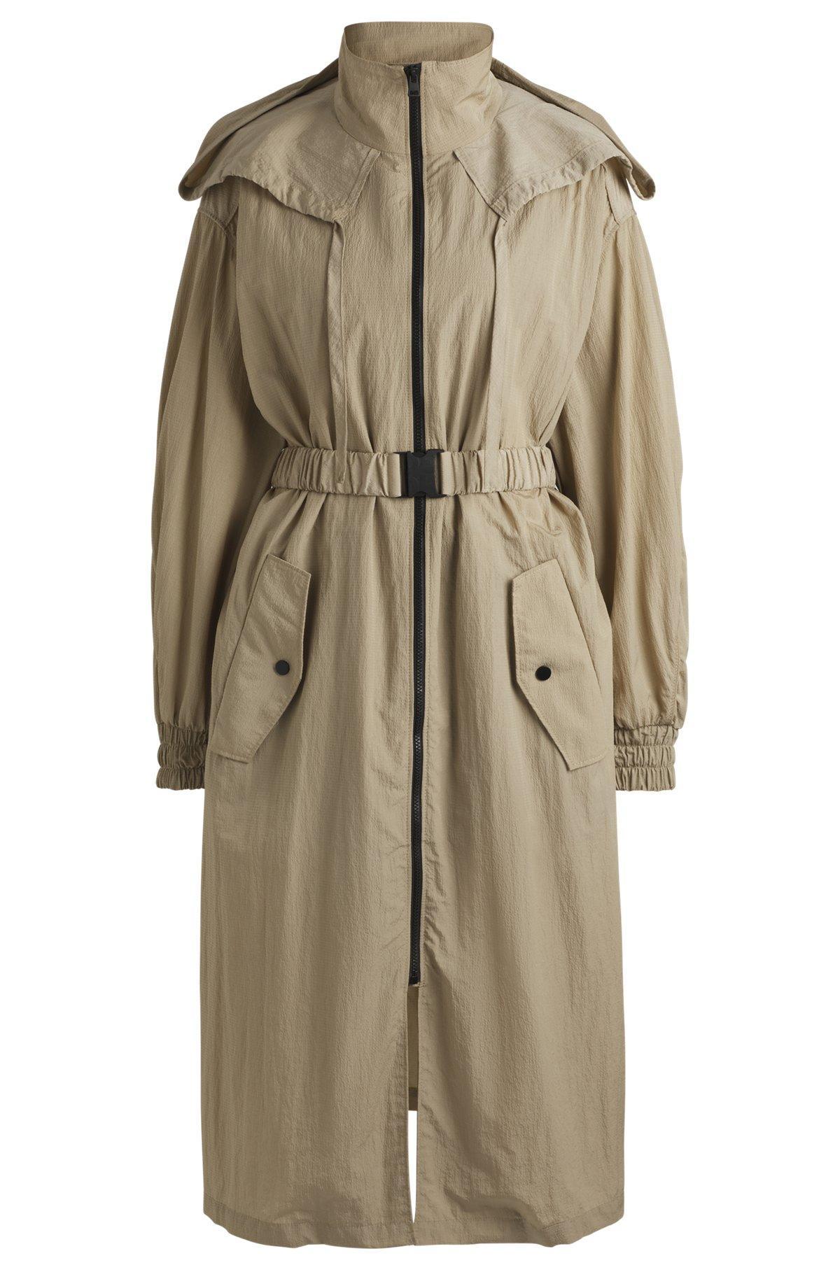 HUGO - Long-length belted parka jacket in seersucker fabric - Light Beige Product Image