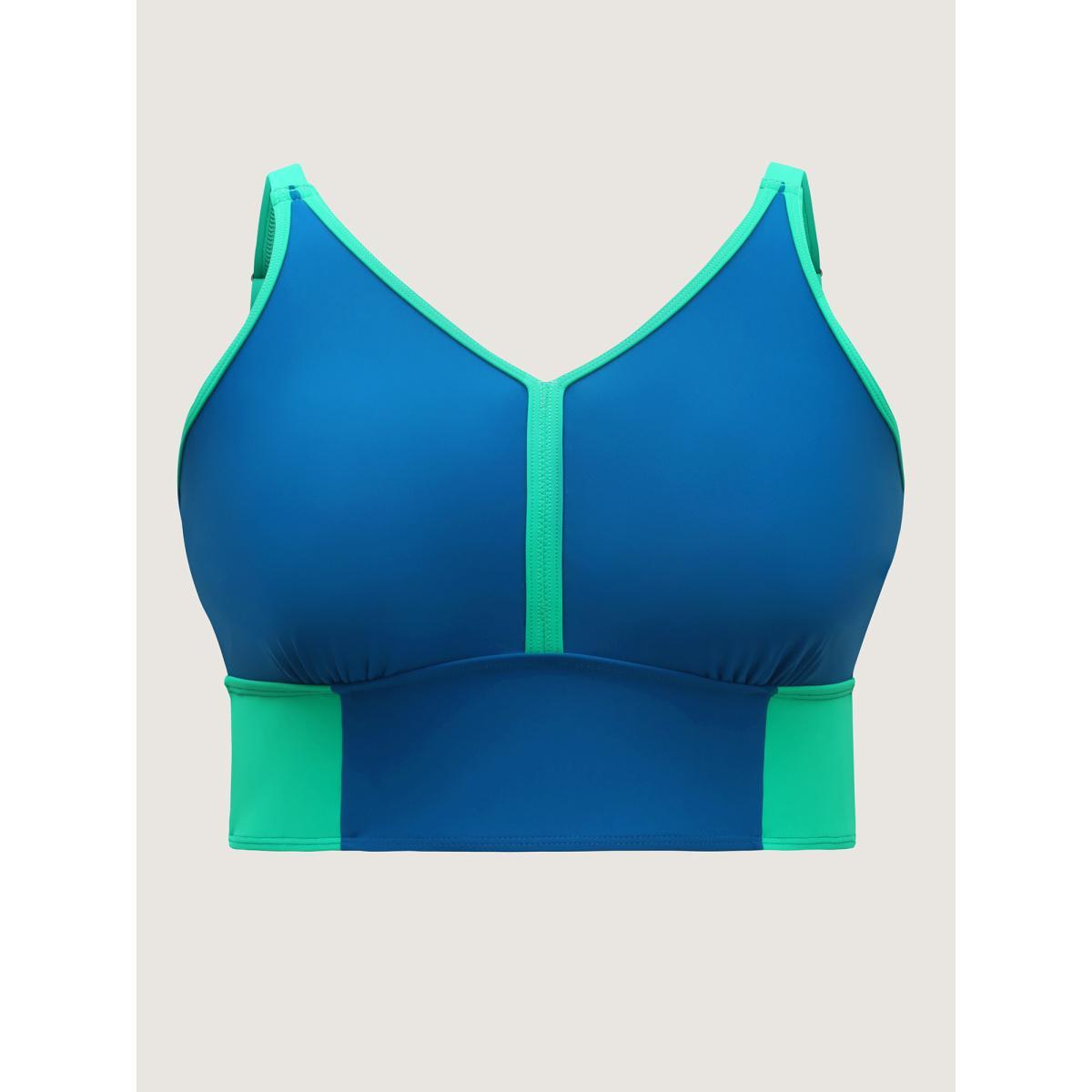 Plus Size Color Contrast V-Neck Swim Top Women's Swimwear Cerulean Beach High stretch Skinny U-neck Curve Swim Tops BloomChic 26/4X Product Image
