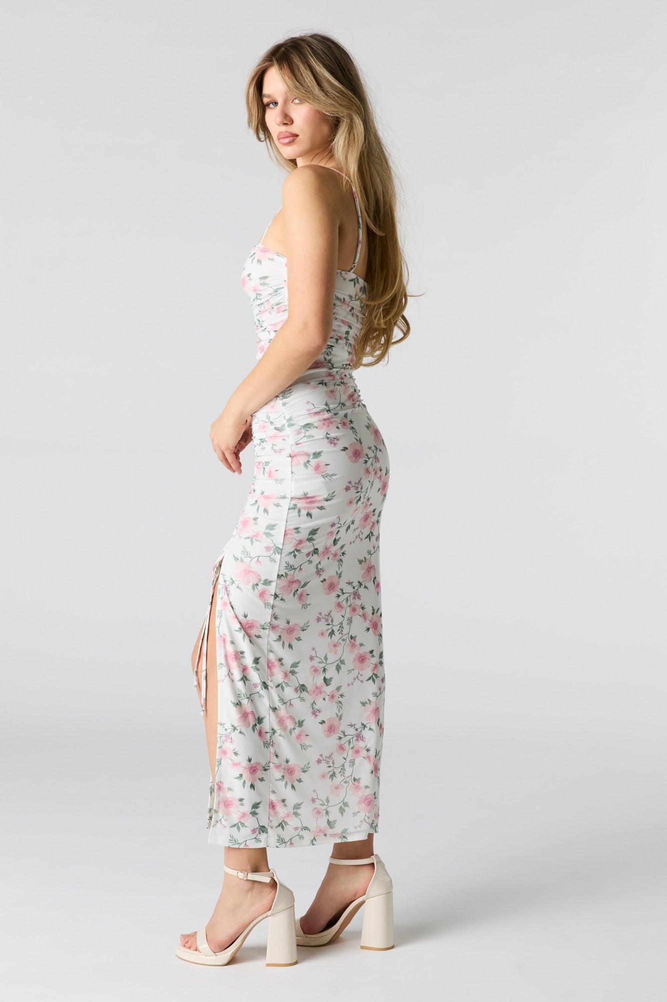 Floral Mesh Ruched Slit Midi Dress Female Product Image
