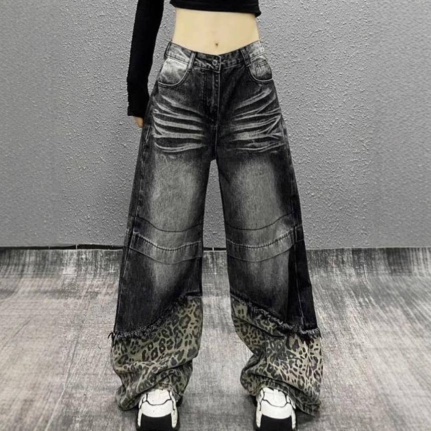 High Waist Leopard Print Wide Leg Jeans Product Image