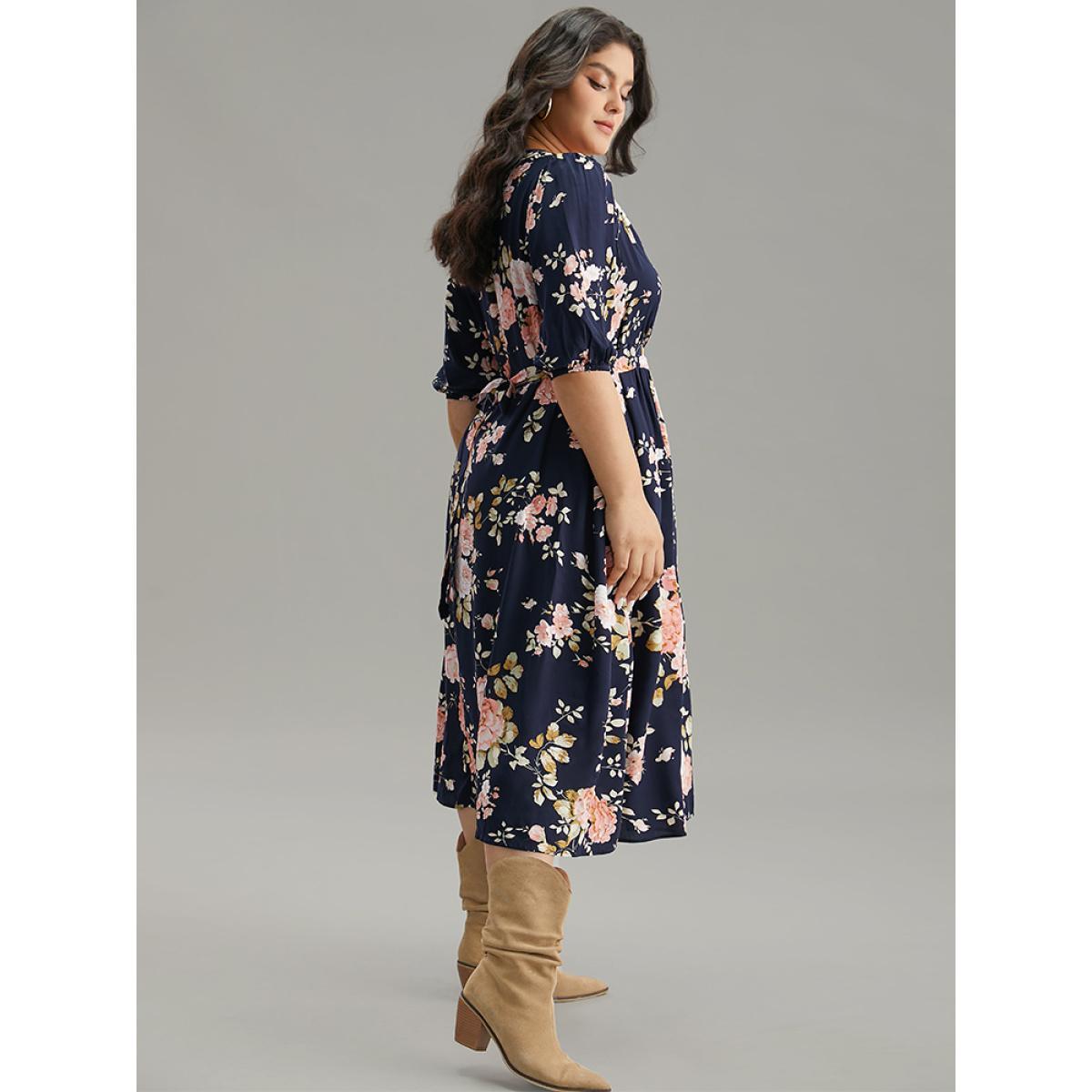Plus Size Floral Print Pleated Ties Wrap Lantern Sleeve Dress DarkBlue Women Vacation Elastic cuffs Overlap Collar Half Sleeve Curvy Midi Dress BloomChic 26/4X Product Image