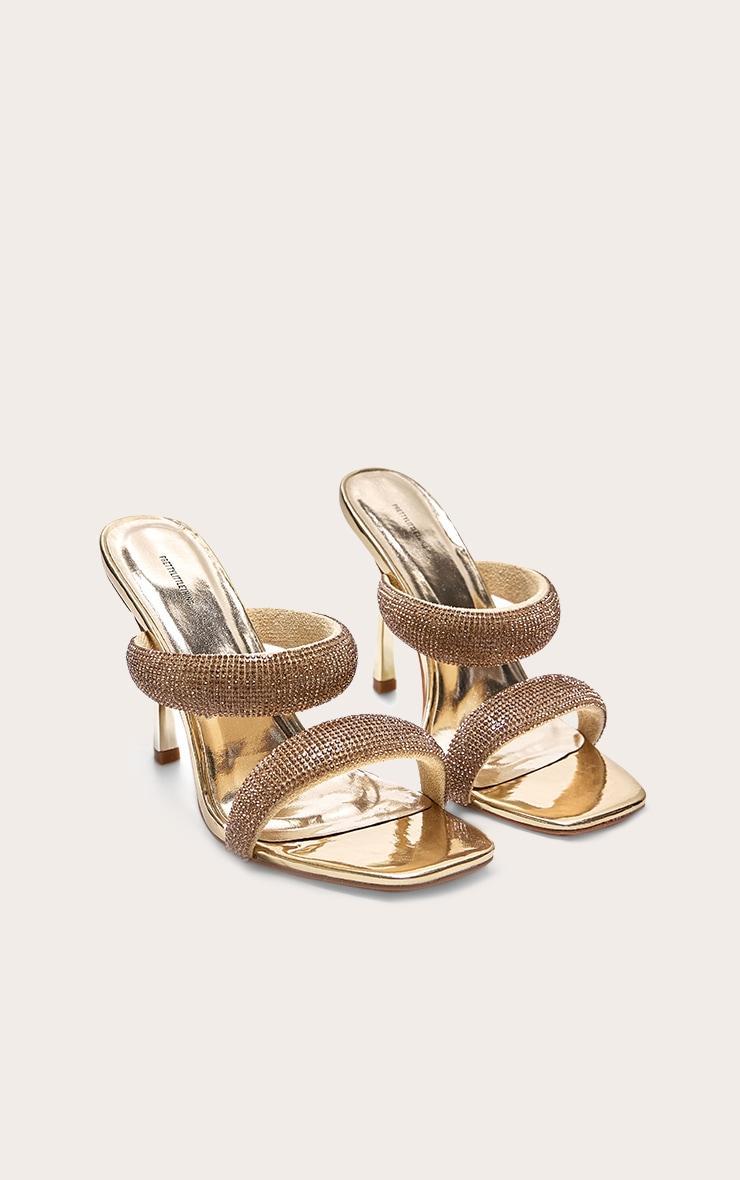 Gold Metallic Square Toe Diamante Padded Strap Heeled Sandals Product Image