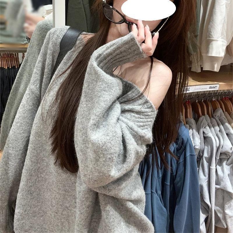 Off-Shoulder Plain Sweater Product Image