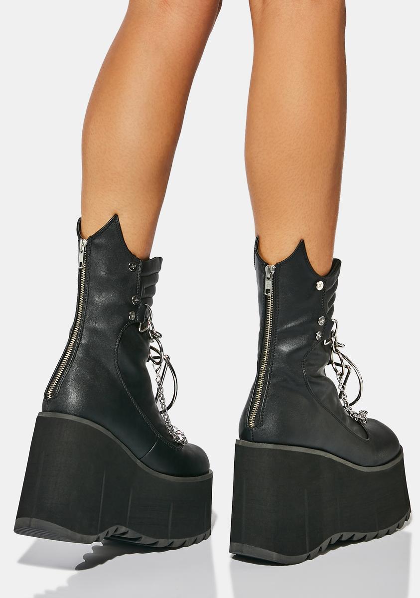 Demonia Kera-130 Black Vegan Leather Chain Platform Boots Product Image