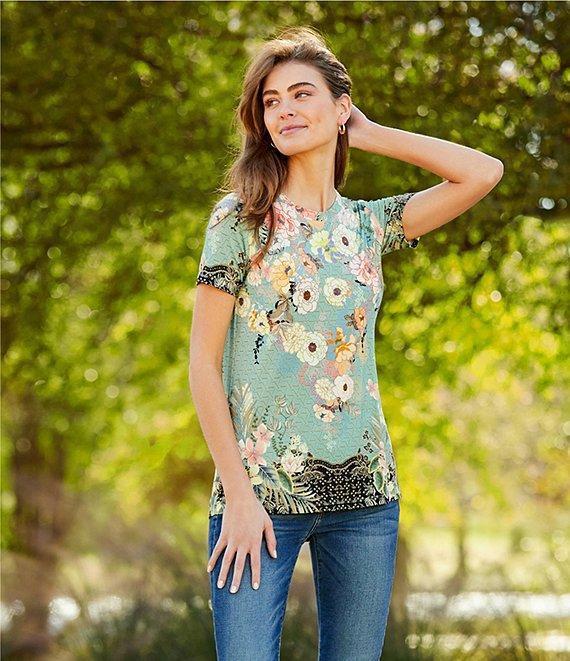 JOHNNY WAS Millay Floral Print Crew Neck Short Sleeve Bamboo Knit Jersey Tee Shirt Product Image