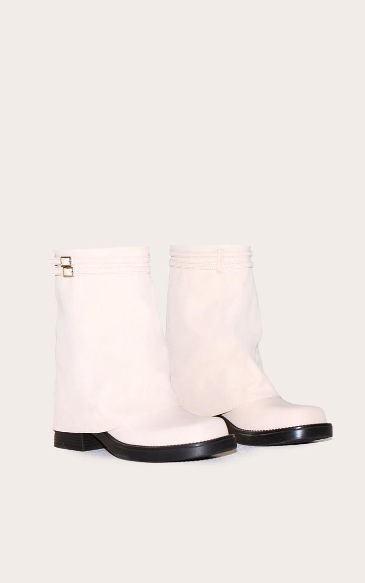 Cream Faux Suede Round Toe Fold Over Buckle Strap Ankle Boots Product Image