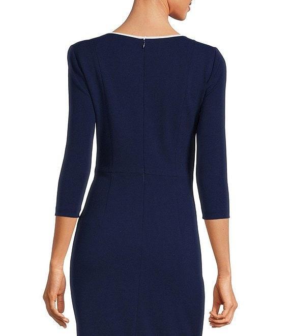 Adrianna Papell Contrasting Trim Boat Neck 3/4 Sleeve Tie Waist Crepe Sheath Dress Product Image