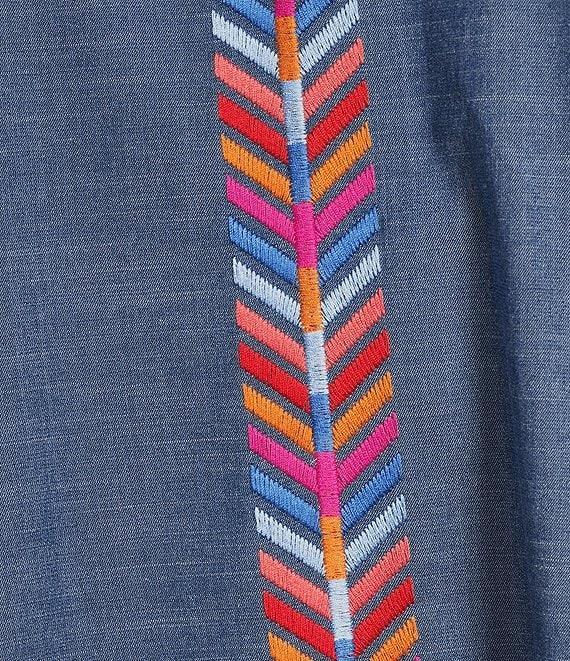 Calessa Burnout Embroidery Detail Split Round Neck 3/4 Sleeve Stretch Knit Top Product Image