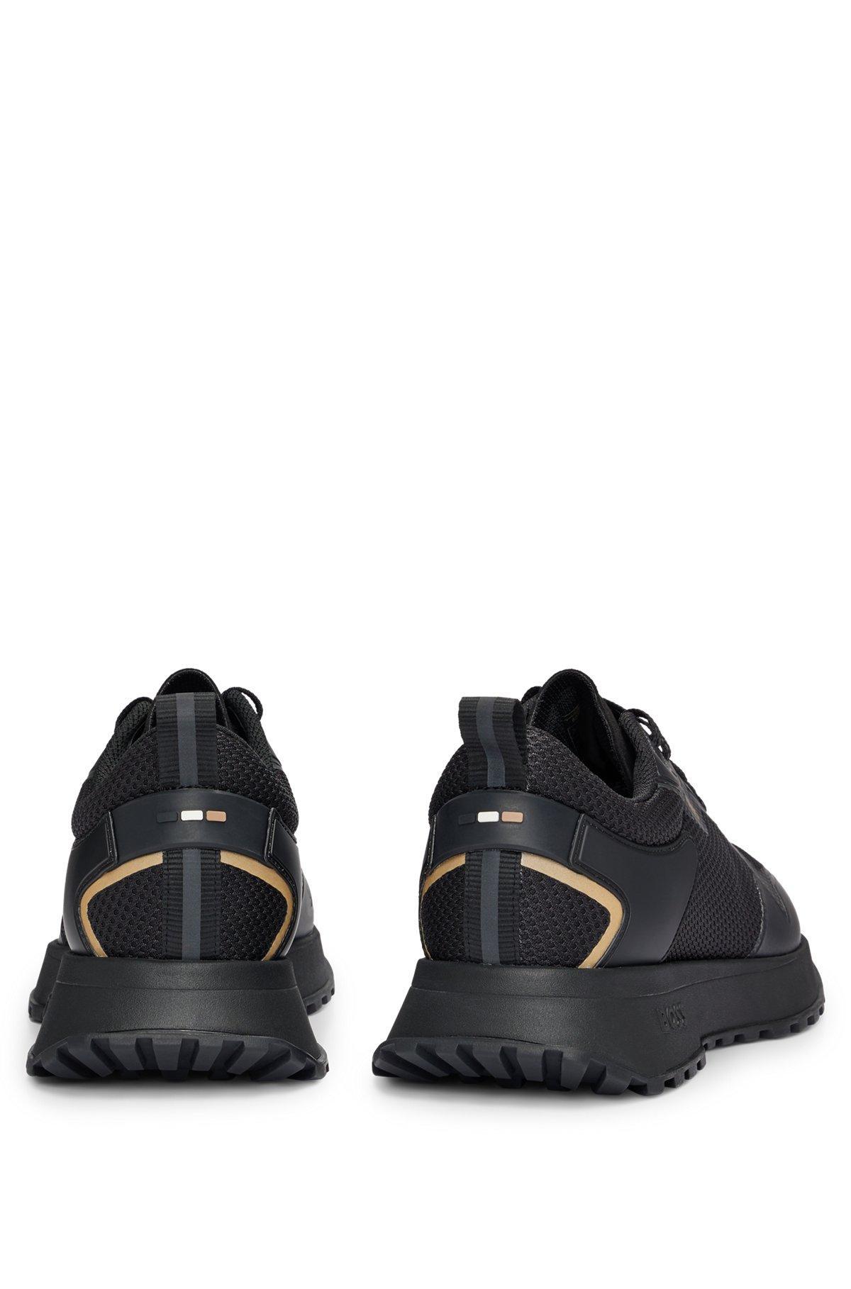 BOSS - Mixed-material trainers with mesh details and branding - Black Product Image