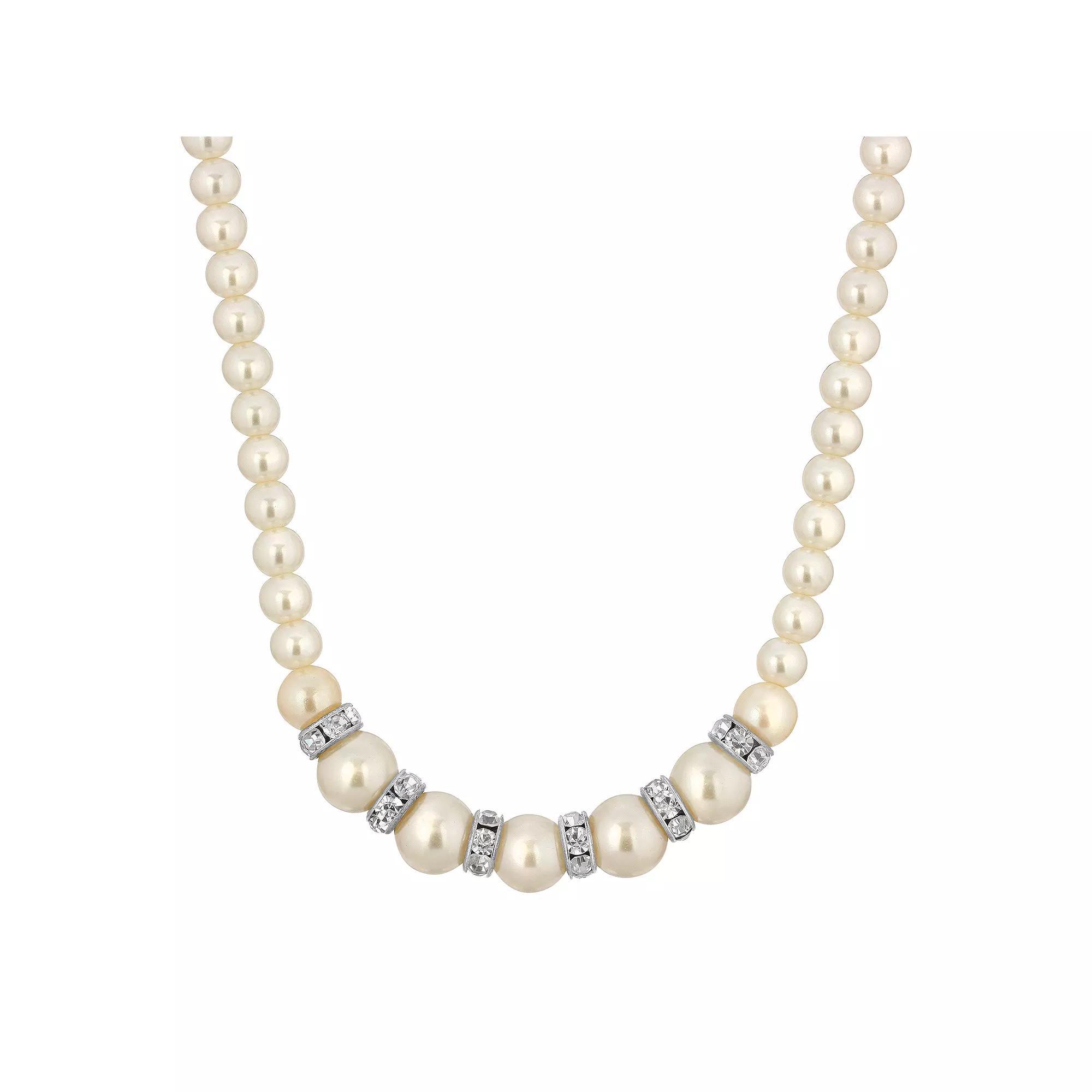 1928 Silver-Tone Graduated Simulated Pearl & Crystal Necklace, Womens, White Product Image