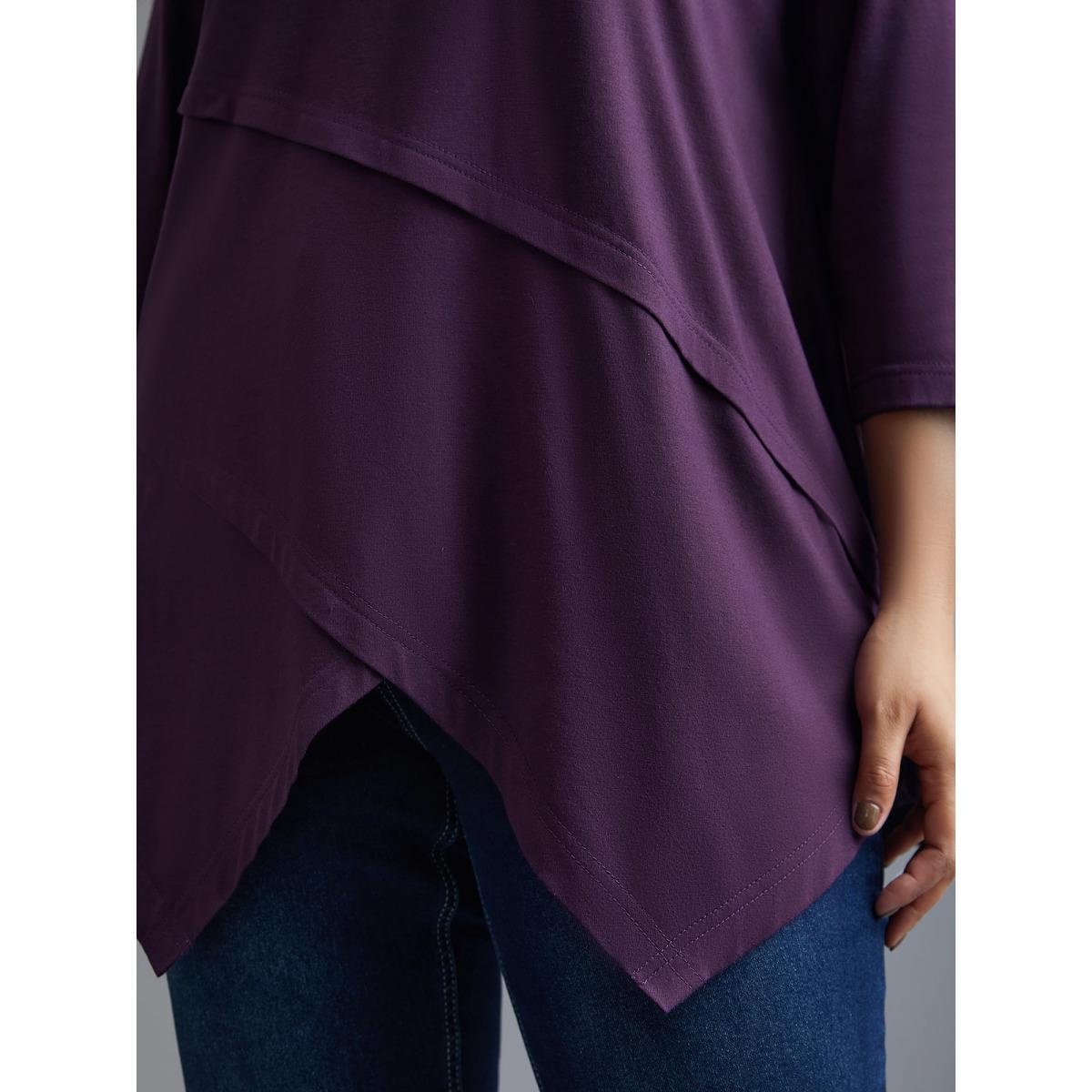 Plus Size Asymmetrical Hem Overlap Long T-shirt Black Women Elegant Tucked seam Round Neck Loose Everyday T-shirts BloomChic 30/6X Product Image