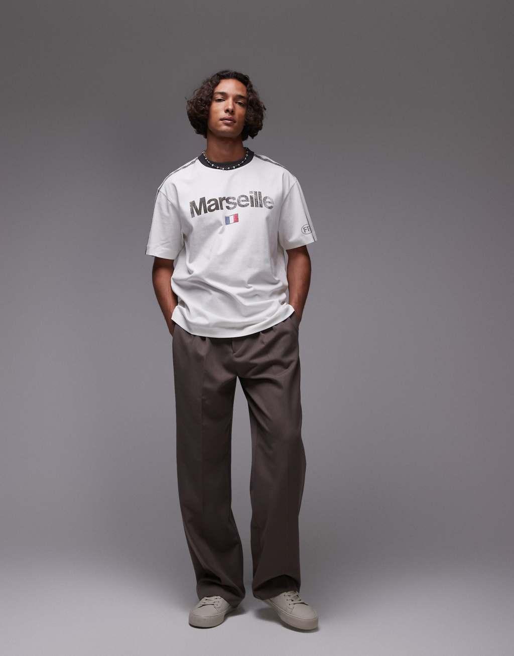 Topman oversized fit ringer T-shirt with Marseille print in white Product Image