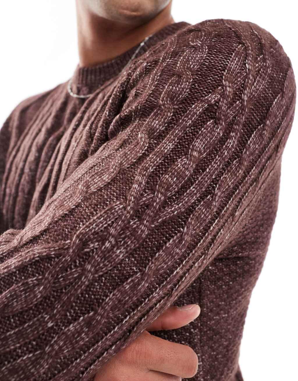 ASOS DESIGN heavyweight cable knit crew neck sweater in chocolate brown Product Image