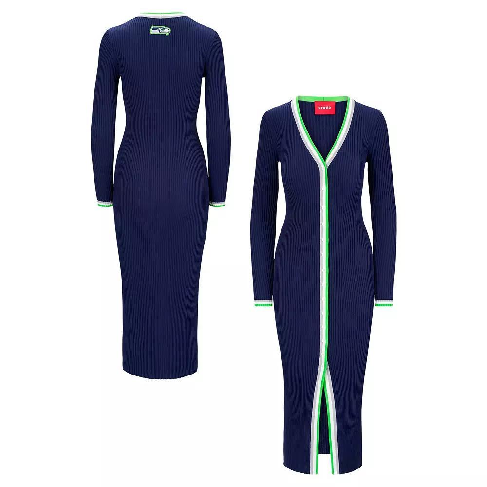 Women's STAUD College Navy Seattle Seahawks Shoko Knit Button-Up V-Neck Sweater Dress, Size: Large, Team Product Image