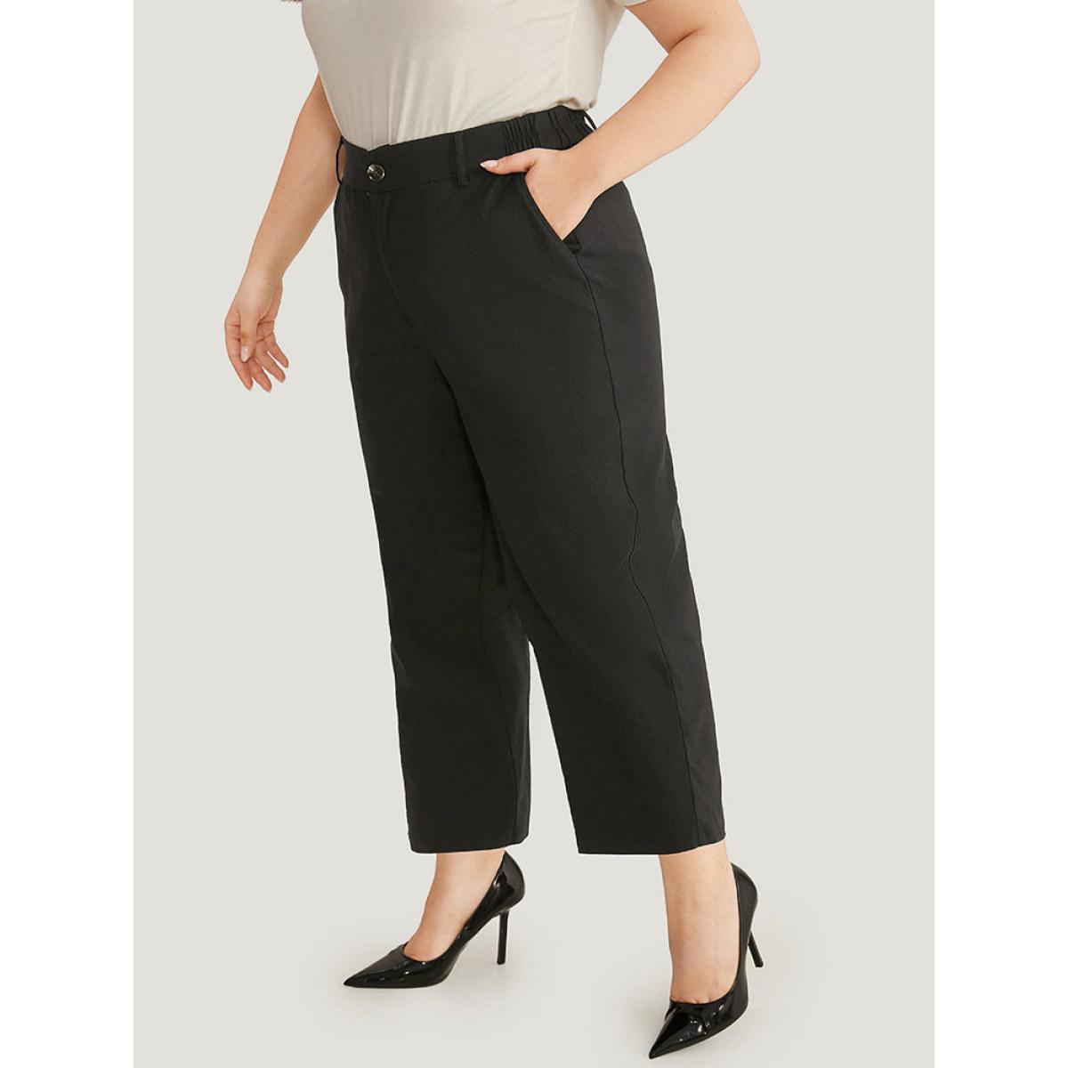 Plus Size Solid Button Up Straight Leg Pants Women Black Workwear Essentials Straight Leg High Rise Work Pants BloomChic 22-24/3X Product Image