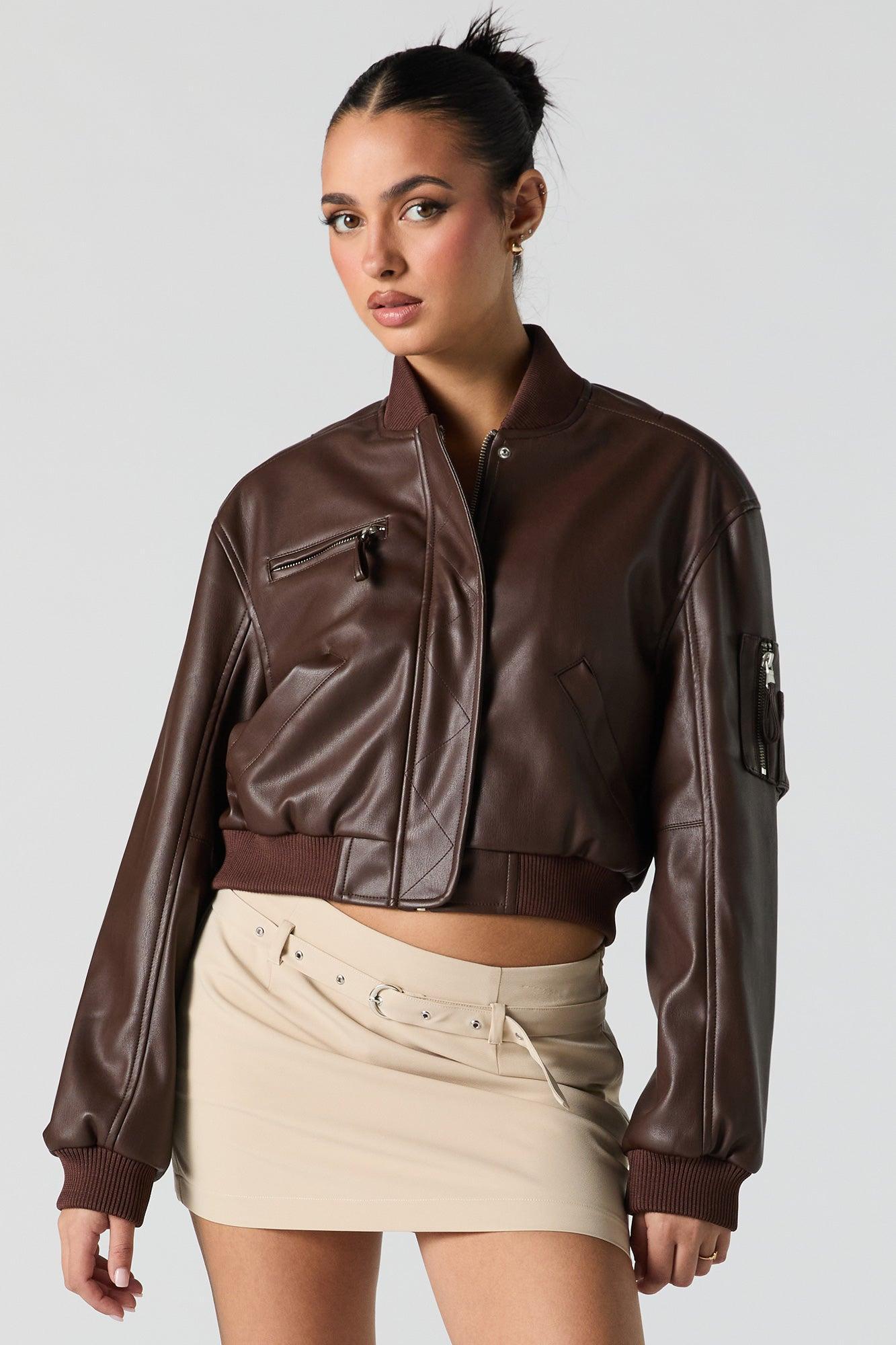 Faux Leather Cropped Bomber Jacket Female Product Image