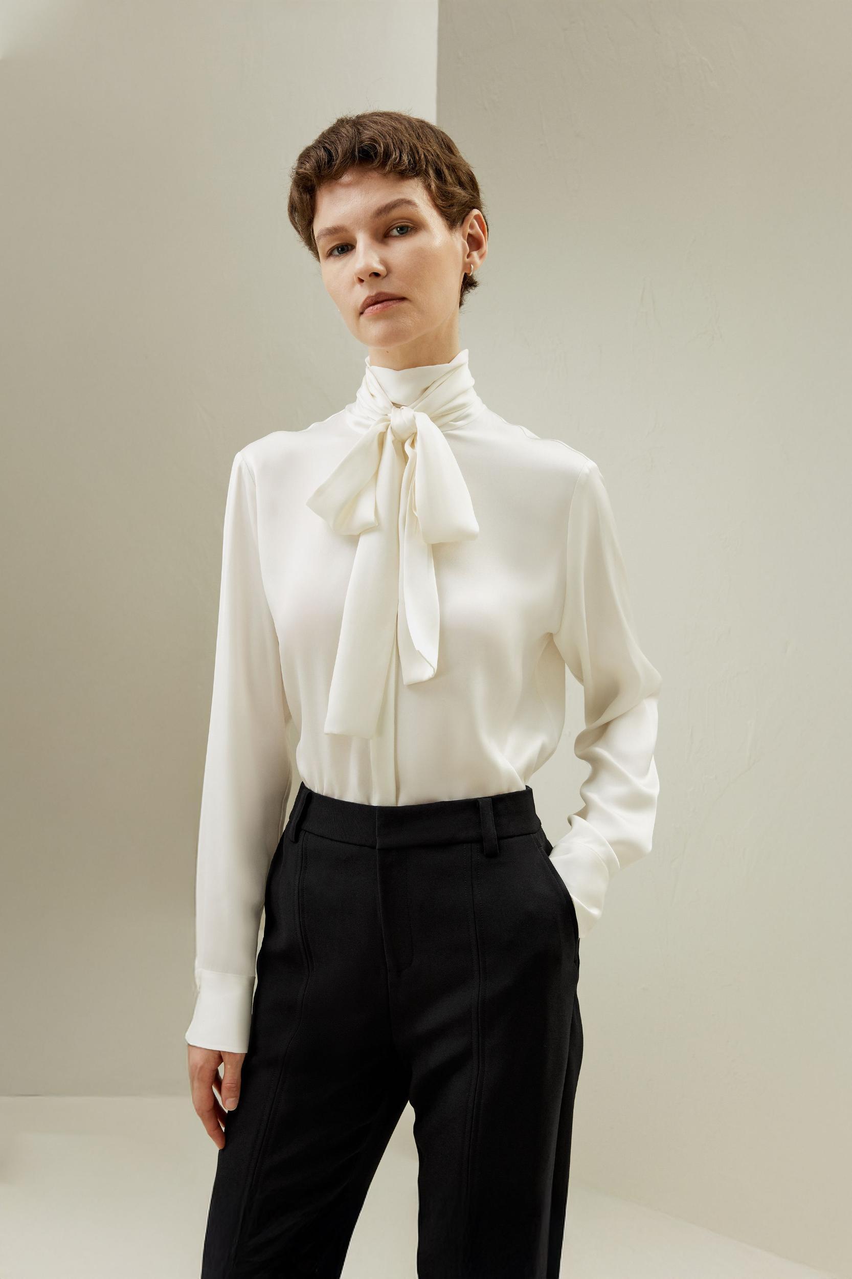 Silk Turtleneck Ribbon Blouse Product Image