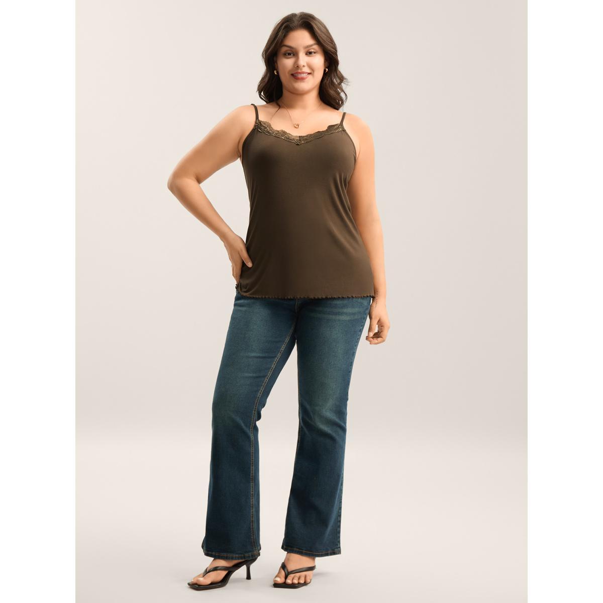 Plus Size Modal Lace Detail Fitted Tank Top Women DarkBrown Woven ribbon&lace trim Non Everyday-Elegant Tank Tops Camis BloomChic 12/L Product Image