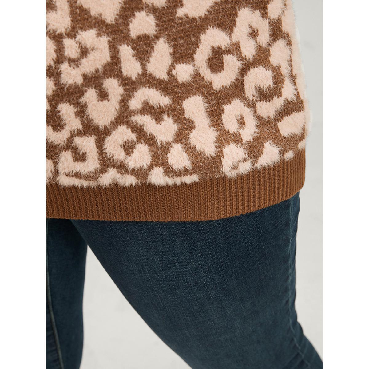 Plus Size Leopard Pointelle Knit V Neck Fluffy Knit Top Bronze Women Casual Loose Long Sleeve V-neck Dailywear Pullovers BloomChic 22-24/3X Product Image