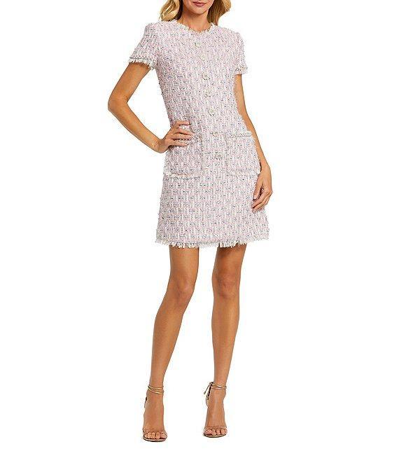 Mac Duggal Boucle High Neck Short Sleeves Floral Button Detail Shift Dress Product Image