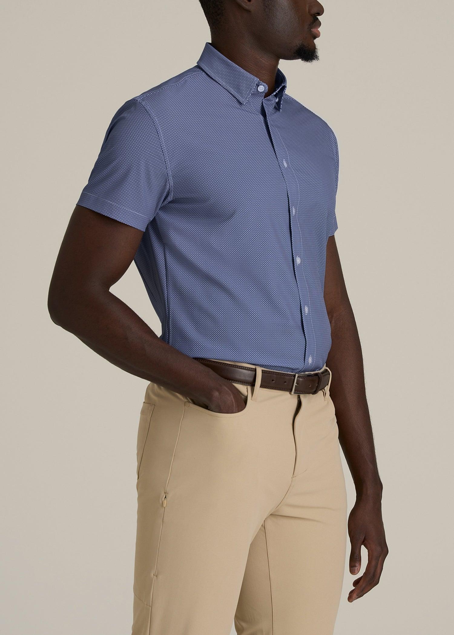 Short Sleeve Traveler Stretch Button Shirt for Tall Men in Royal Blue Geometric Product Image