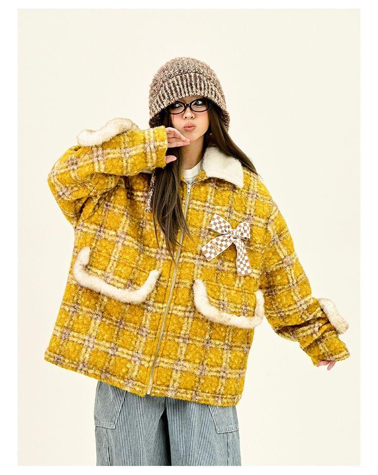 Lapel Collar Plaid Bow Detail Oversized Zip Coat Product Image