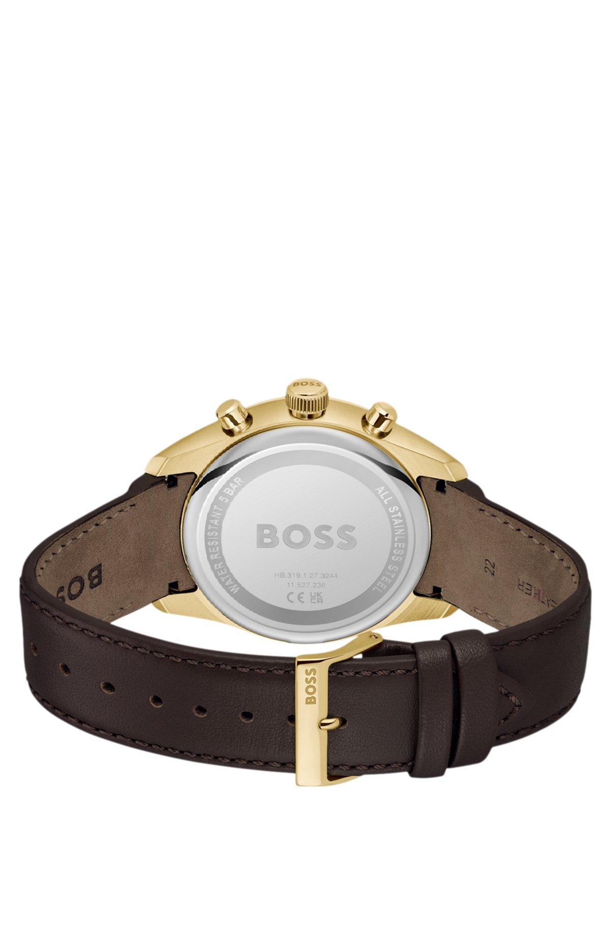 BOSS - Gold-tone chronograph watch with perforated leather strap Product Image