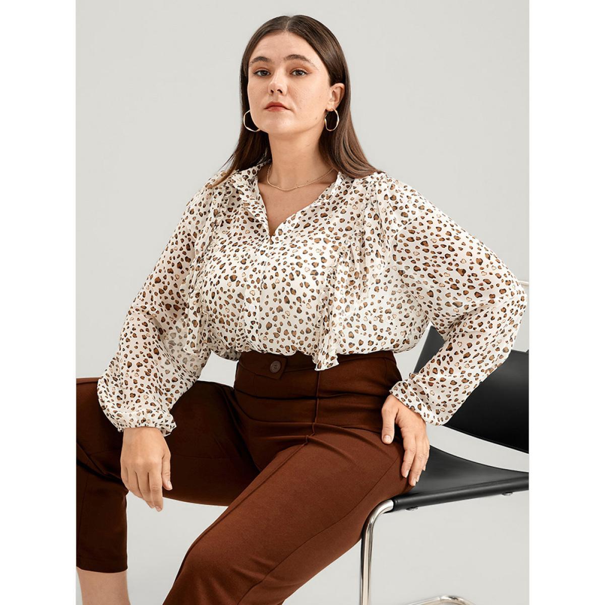 Plus Size Apricot Leopard Mesh Ruffle Trim Button Up Blouse Women Office Long Sleeve Lapel Collar Work Blouses BloomChic 30/6X Product Image