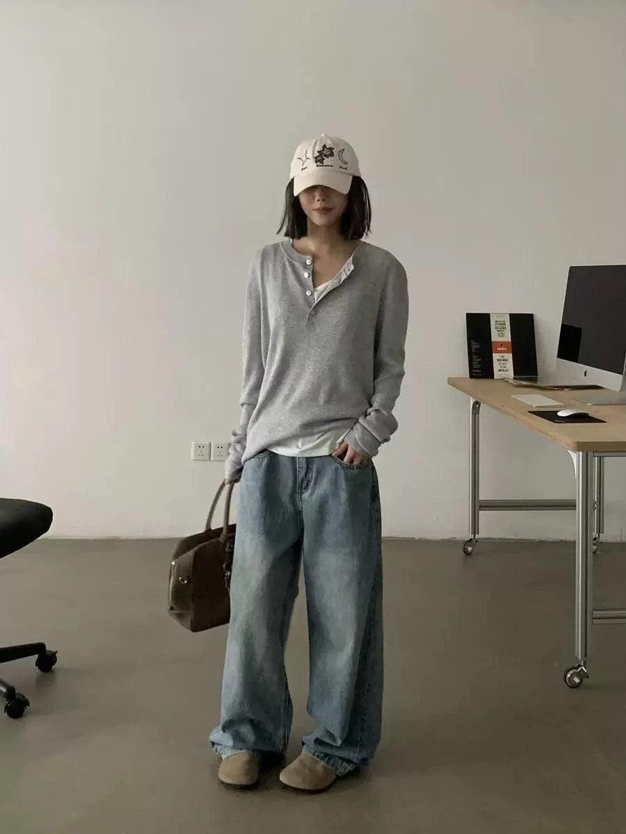 RT No. 18761 WASHED BLUE BAGGY STRAIGHT DENIM JEANS Product Image