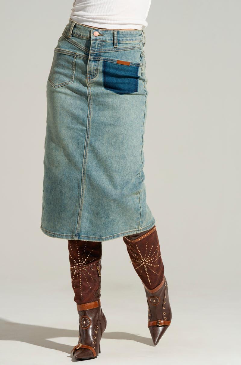 TOO GOOD FOR YOU DENIM MIDI SKIRT Product Image