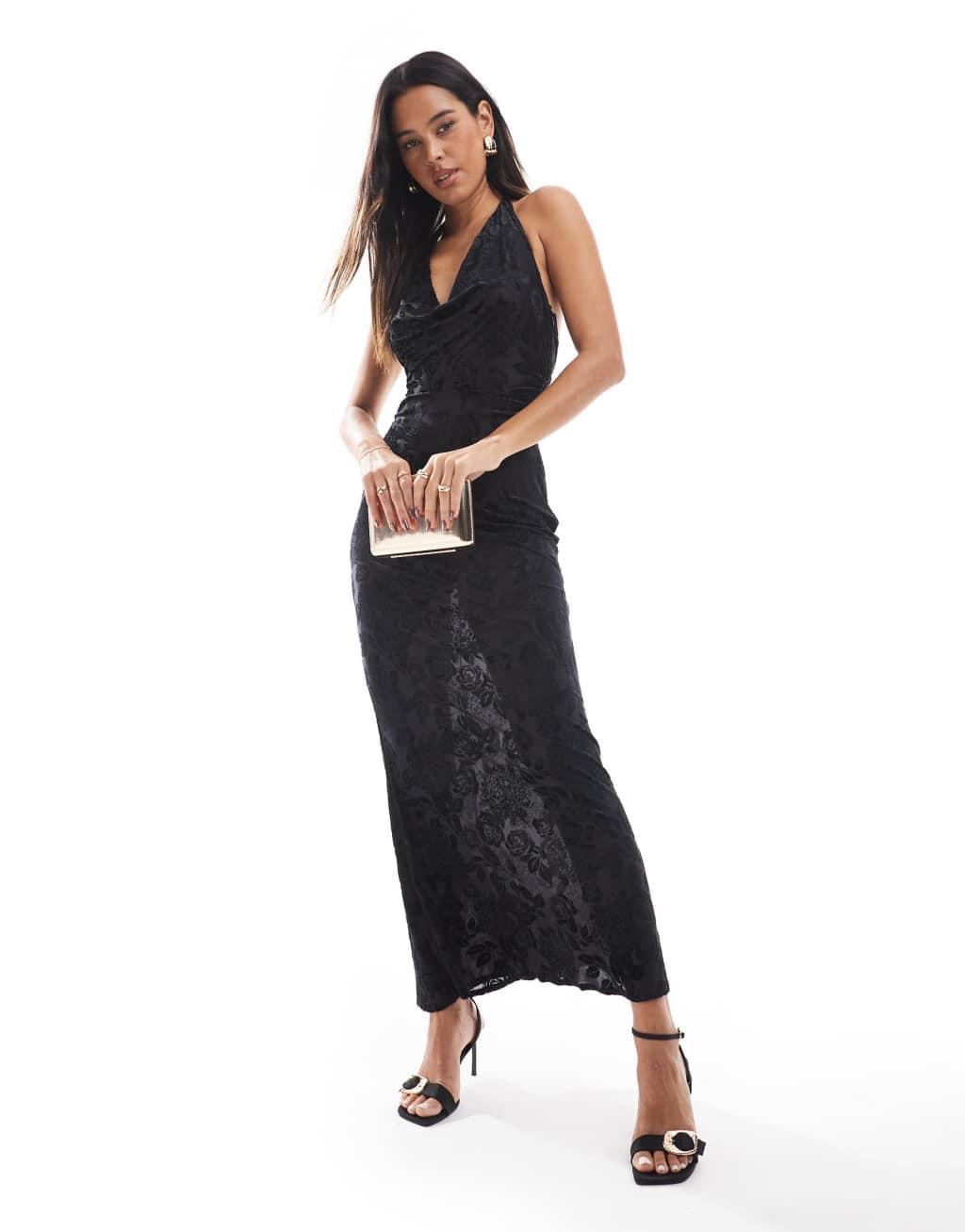TFNC jersey velvet burnout maxi dress in black  Product Image