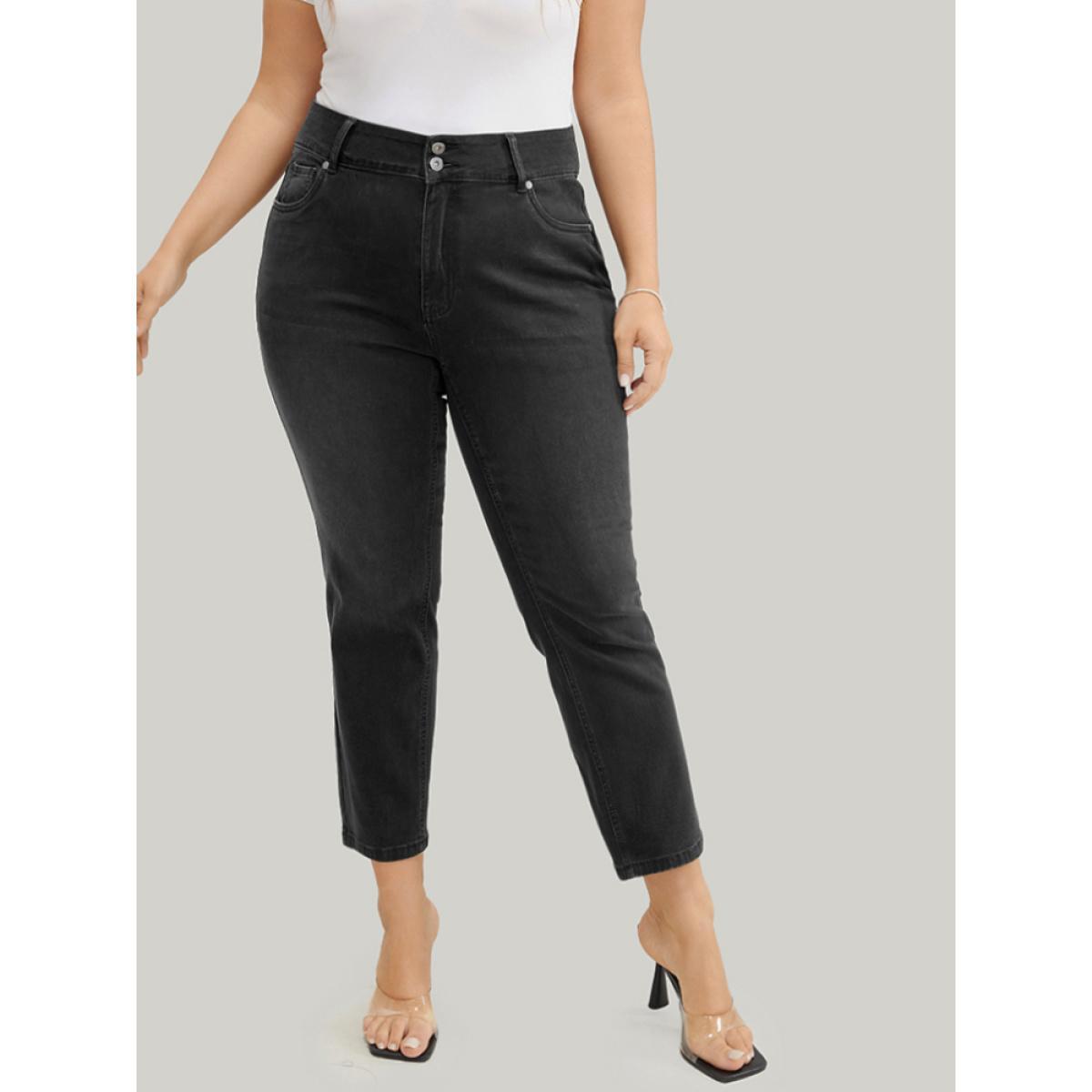 Plus Size Straight Leg Very Stretchy High Rise Dark Wash Jeans Women Gray Casual Plain High stretch Pocket Jeans BloomChic 12/L Product Image