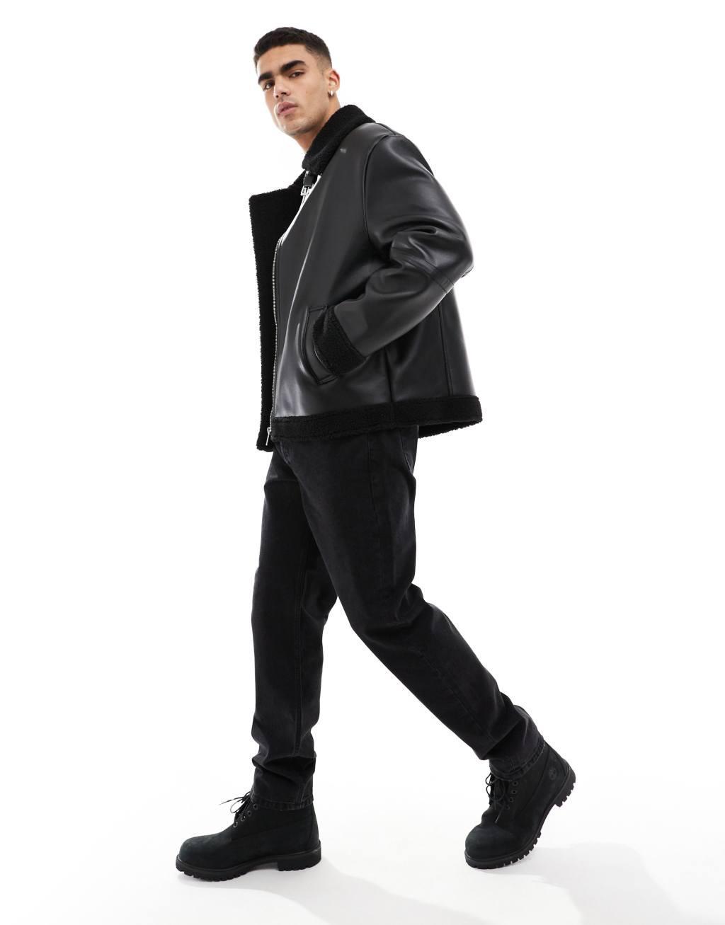 ASOS DESIGN faux leather aviator jacket with borg lining in black Product Image