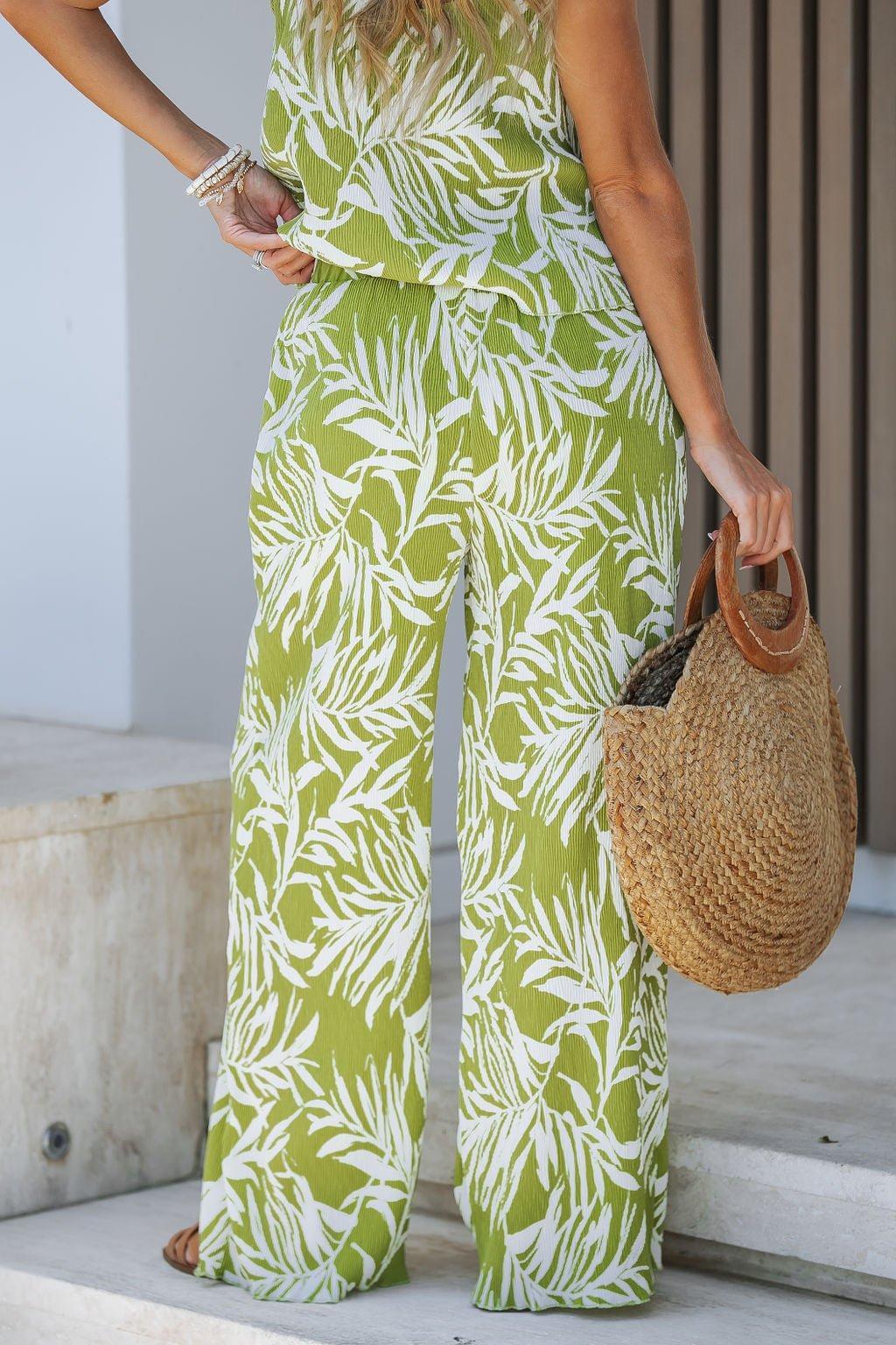 Green Leaf Print Plisse Wide Leg Pants - FINAL SALE Product Image