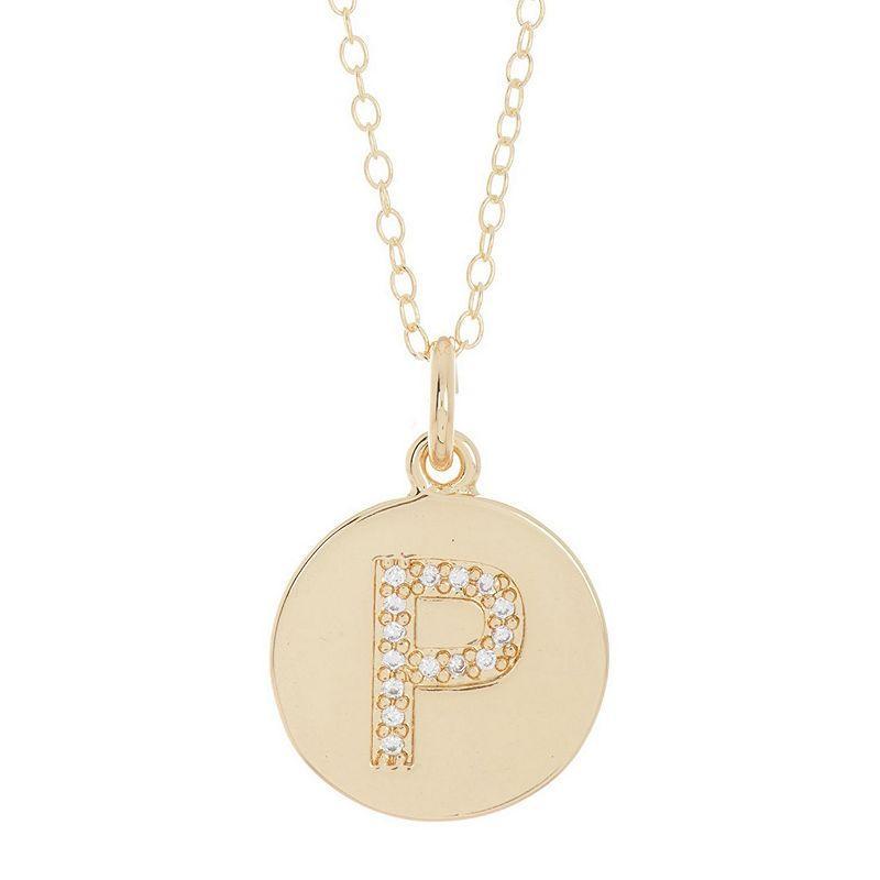 Adornia 14k Gold Plated Cubic Zirconia Engraved Letter Disc Pendant Necklace, Women's, Size: 18", Gold Tone T Product Image